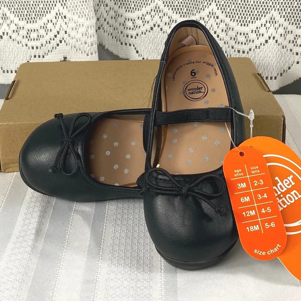 NWT Toddler Size 6 Wonder Nation Girls Black Bow Ballet Flats Elastic Strap Shoe
